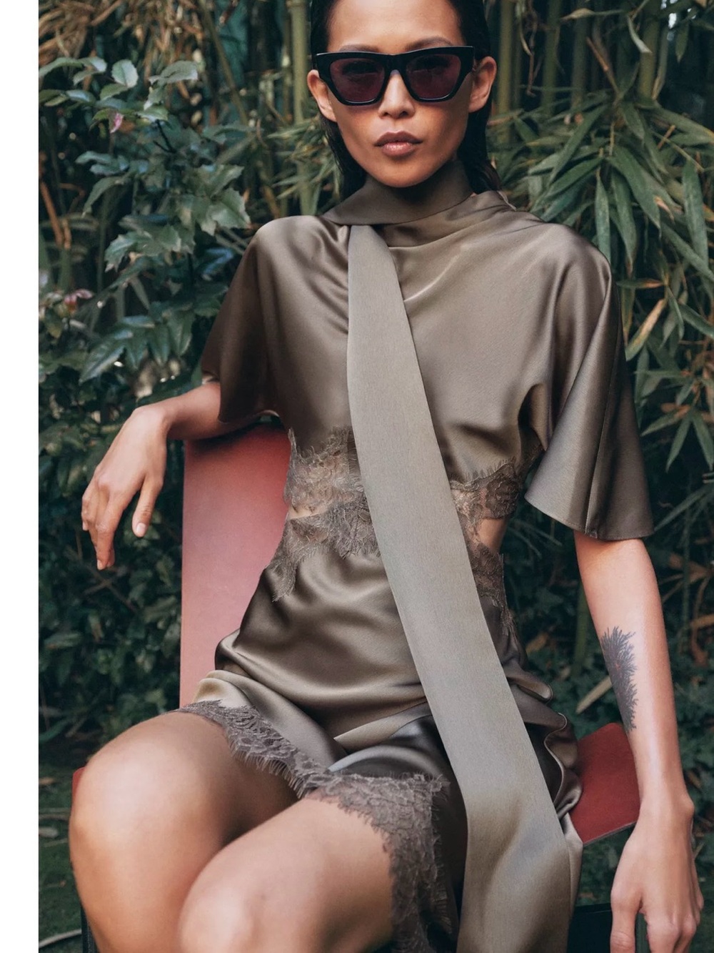NWT Zara Olive Mink Lace-Trim Short Cut Out Dress Medium 5919/041 Satin Effect - Picture 4 of 8